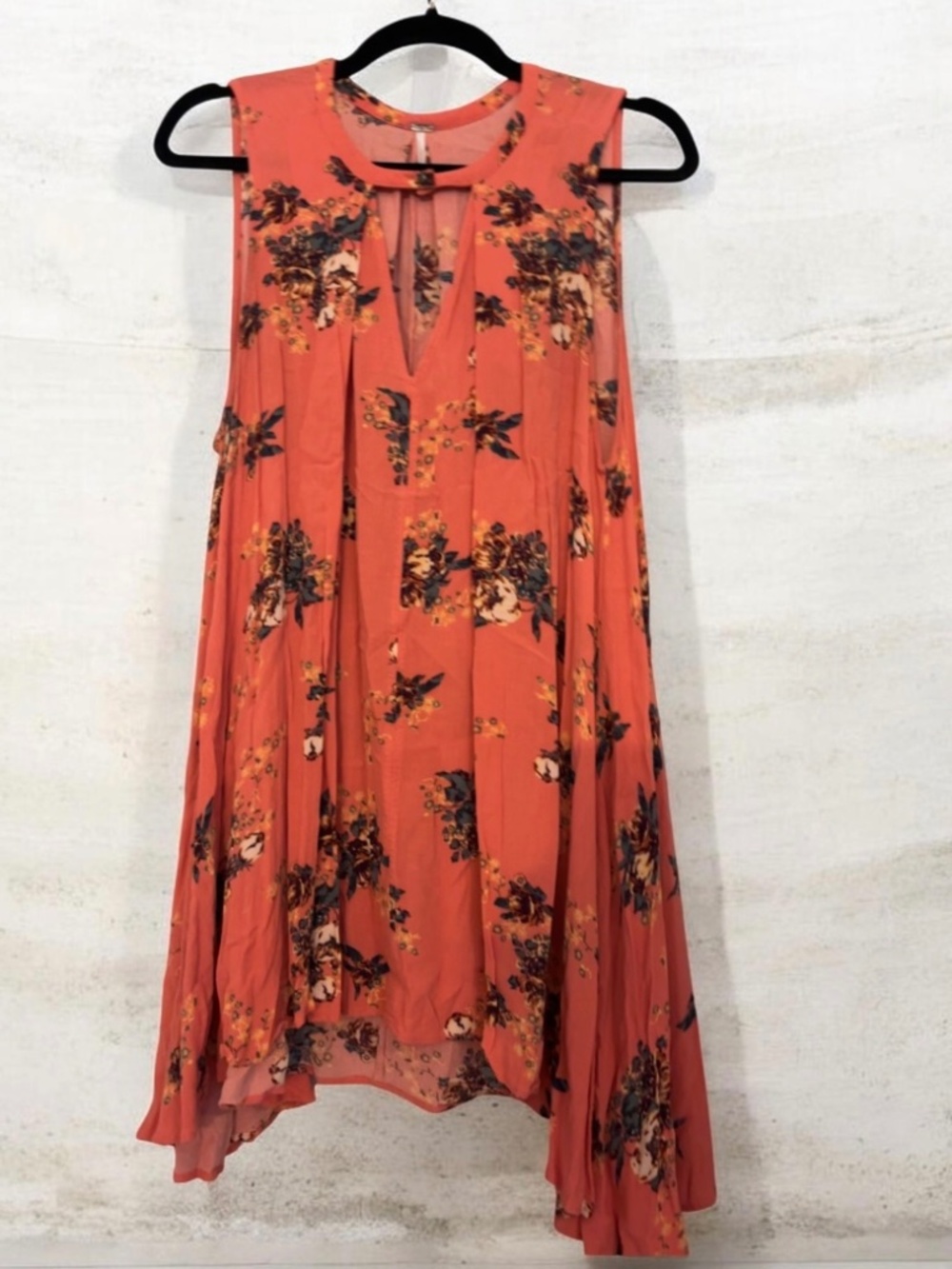 Free People Coral Floral Swing Dress with Navy & Yellow Accents ~ Size Petite S